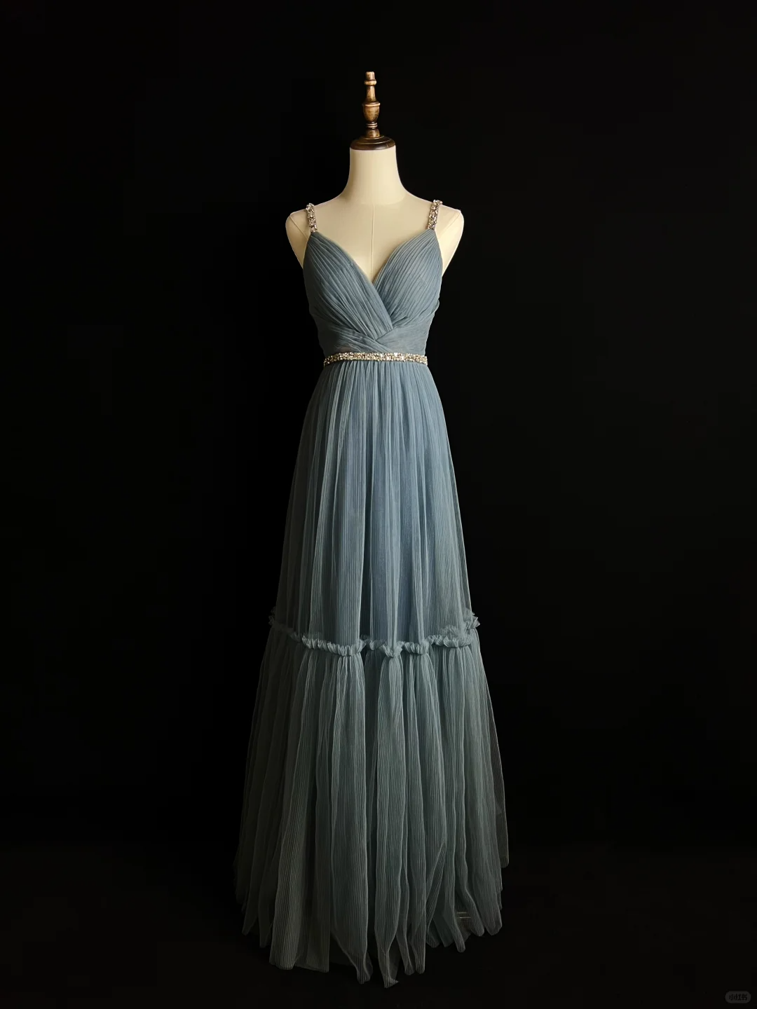 Simple Blue Tulle Beaded A Line Evening Dress,Spaghetti Straps V Neck Prom Dress Y8649