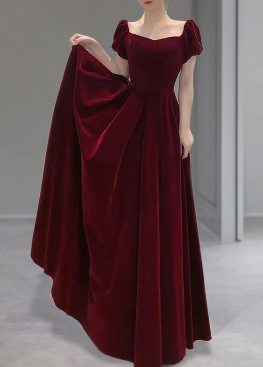 Elegant A Line Burgundy Velvet Long Prom Dress Y6967