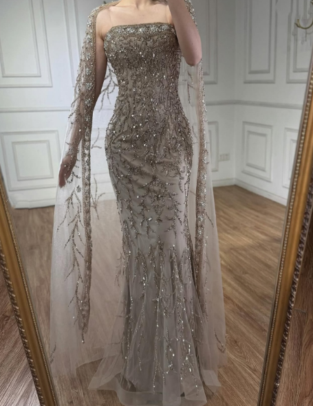 Gorgeous Strapless Gray Tulle Beaded Mermaid Long Party Dress Prom Gown SP1348