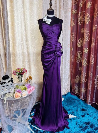 Sexy Spaghetti Straps Satin Pleated Slit Long Prom Dress Purple Mermaid Evening Gown SP2384