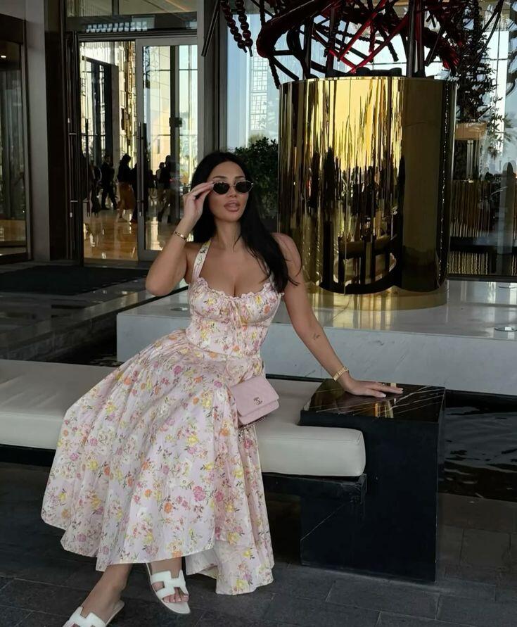 Charming Halter Pink Satin Print Floral A Line Long Party Dress Birthday Prom Dresses SP1159