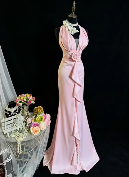 Pretty Pink Halter Satin Ruffles Mermaid Long Evening Dress Prom Gown SP2374