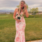 Sweet Pink Satin Print Floral Evening Dress Mermaid Prom Dress Y7828