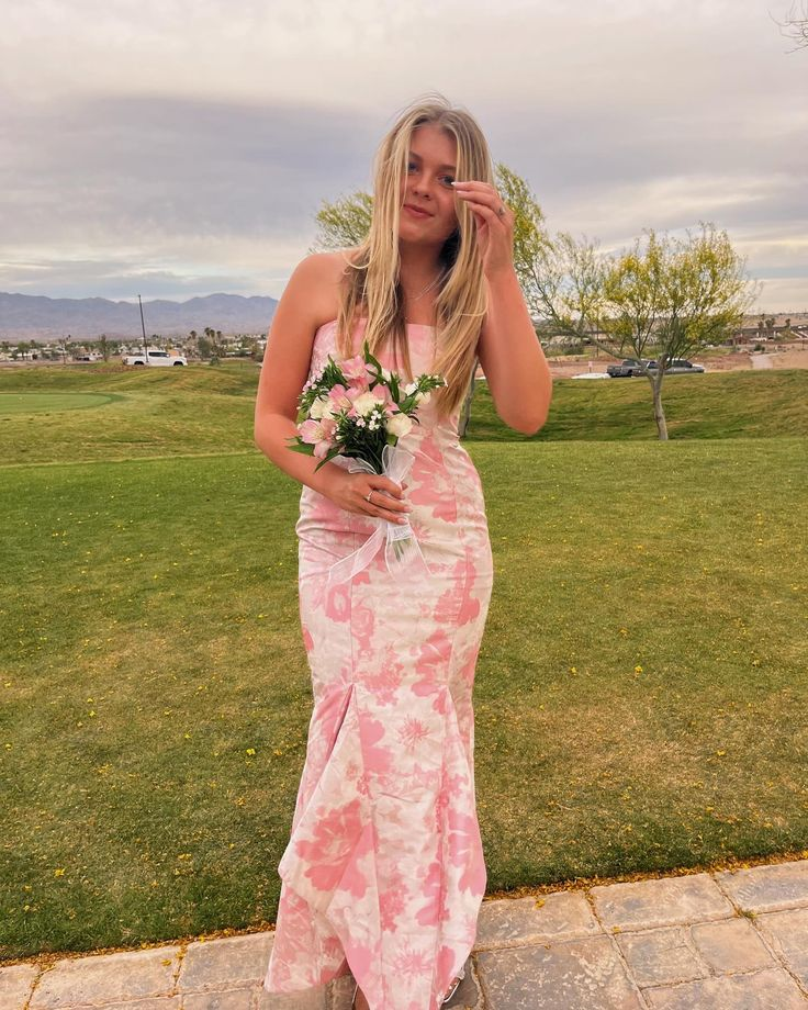 Sweet Pink Satin Print Floral Evening Dress Mermaid Prom Dress Y7828