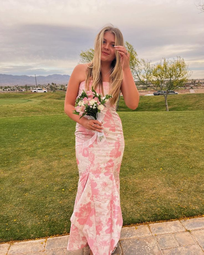 Sweet Pink Satin Print Floral Evening Dress Mermaid Prom Dress Y7828