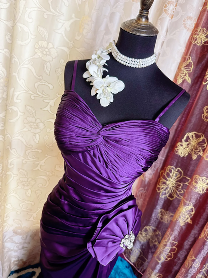 Sexy Spaghetti Straps Satin Pleated Slit Long Prom Dress Purple Mermaid Evening Gown SP2384