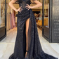 Sparkly Evening Dress Plus Size Court Train Off Shoulder Sequin with Glitter Ruched Slit Y5997