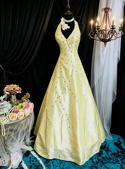 Charming Halter Ball Gown Yellow Satin Beaded Long Prom Dress Evening Gowns With Wrap SP2379