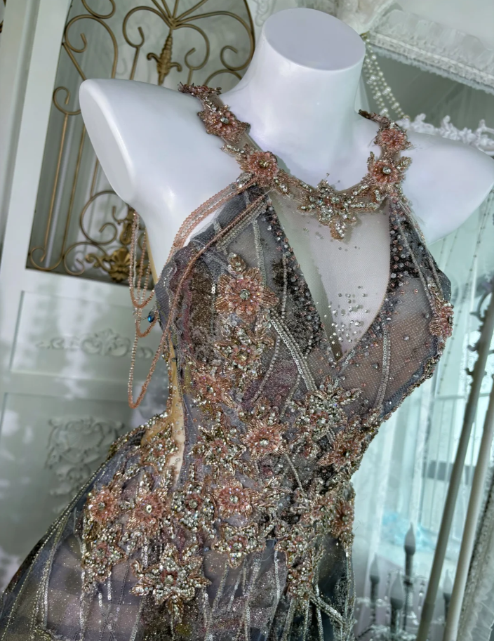 Gorgeous Halter V Neck Tulle Sequin Beaded Mermaid Long Wedding Guest Dress, Formal Birthday Prom Dress Party Gown SP1465