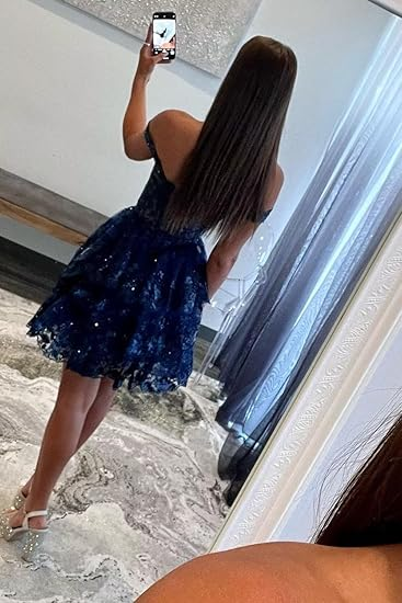 Navy Blue A-Line Sweetheart Lace Tiered Short Homecoming Dress Y8107