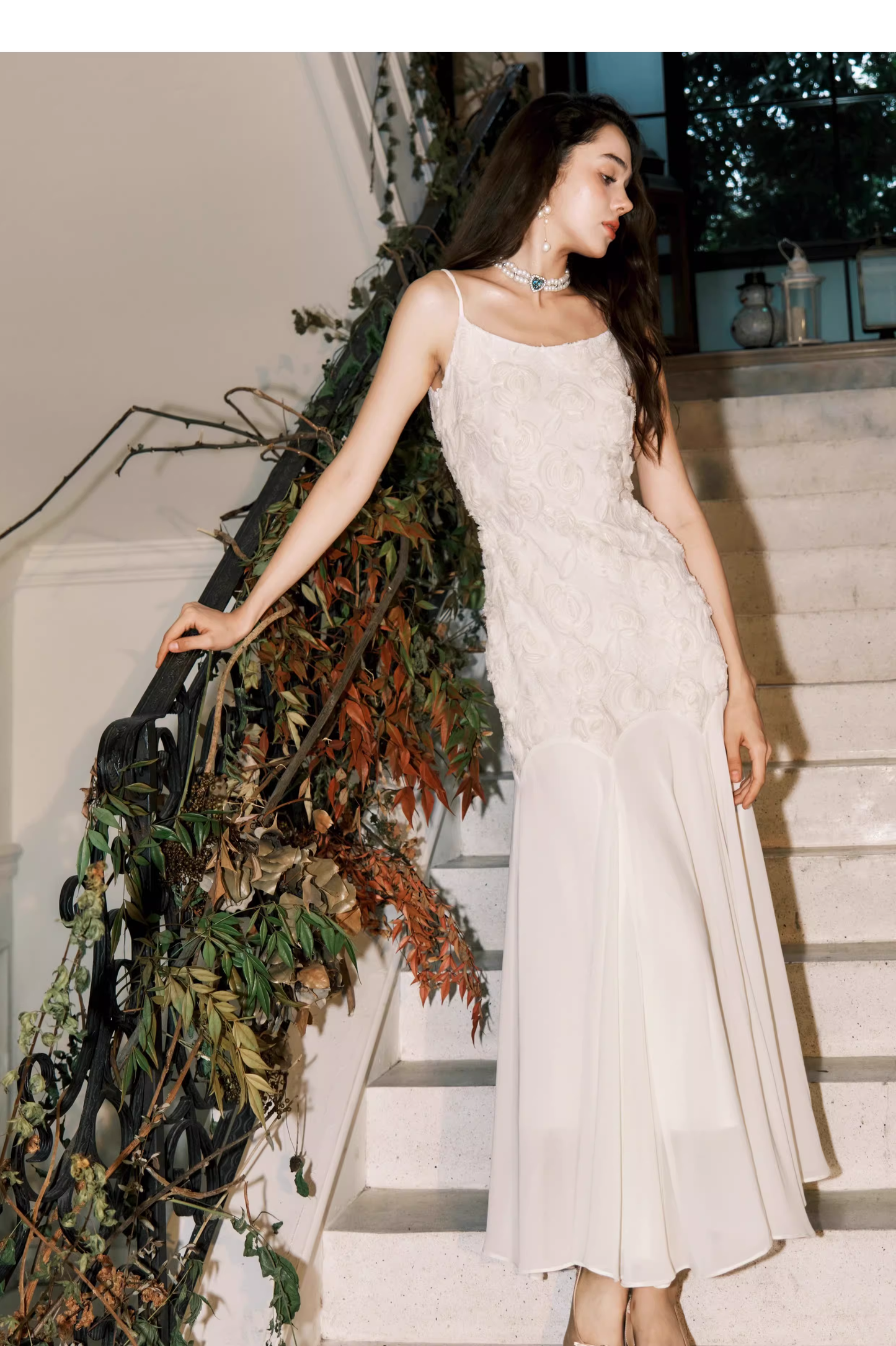 Fairy Spaghetti Straps 3D Rose Flowers Chiffon Mermaid Prom Dress White Birthday Party Dress SP1981