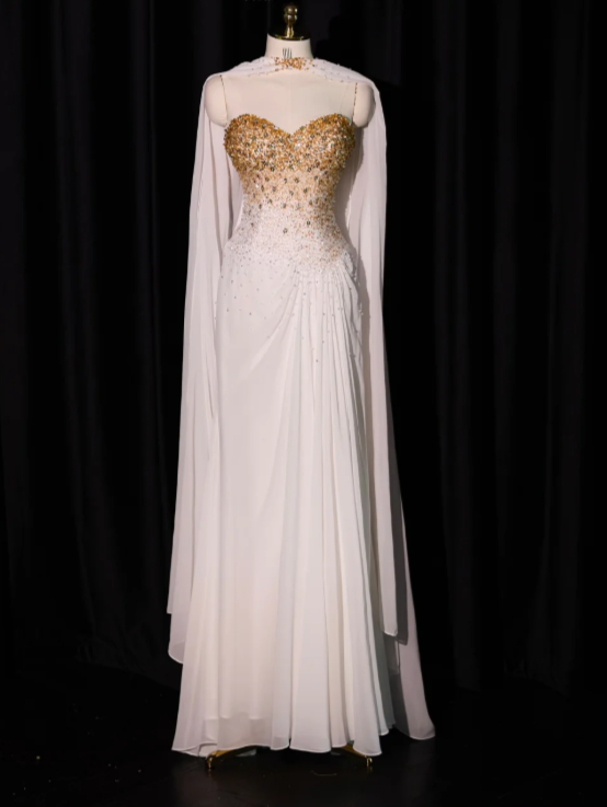 Gorgeous Sweetheart Neck White Chiffon Beaded Long Evening Dress Prom Gown With Cape SP2237