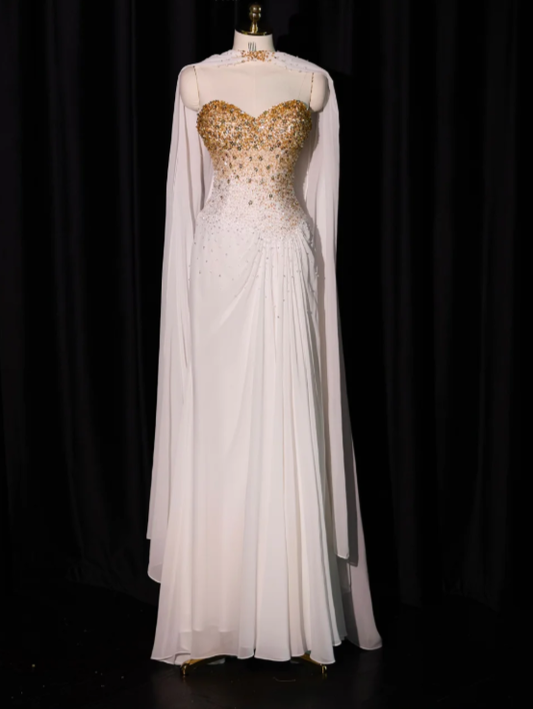 Gorgeous Sweetheart Neck White Chiffon Beaded Long Evening Dress Prom Gown With Cape SP2237