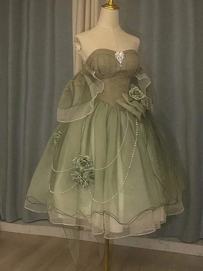 Classy Green Off Shoulder A-Line Floral Short Homecoming Dress Cute Mini Birthday Dress SP3786