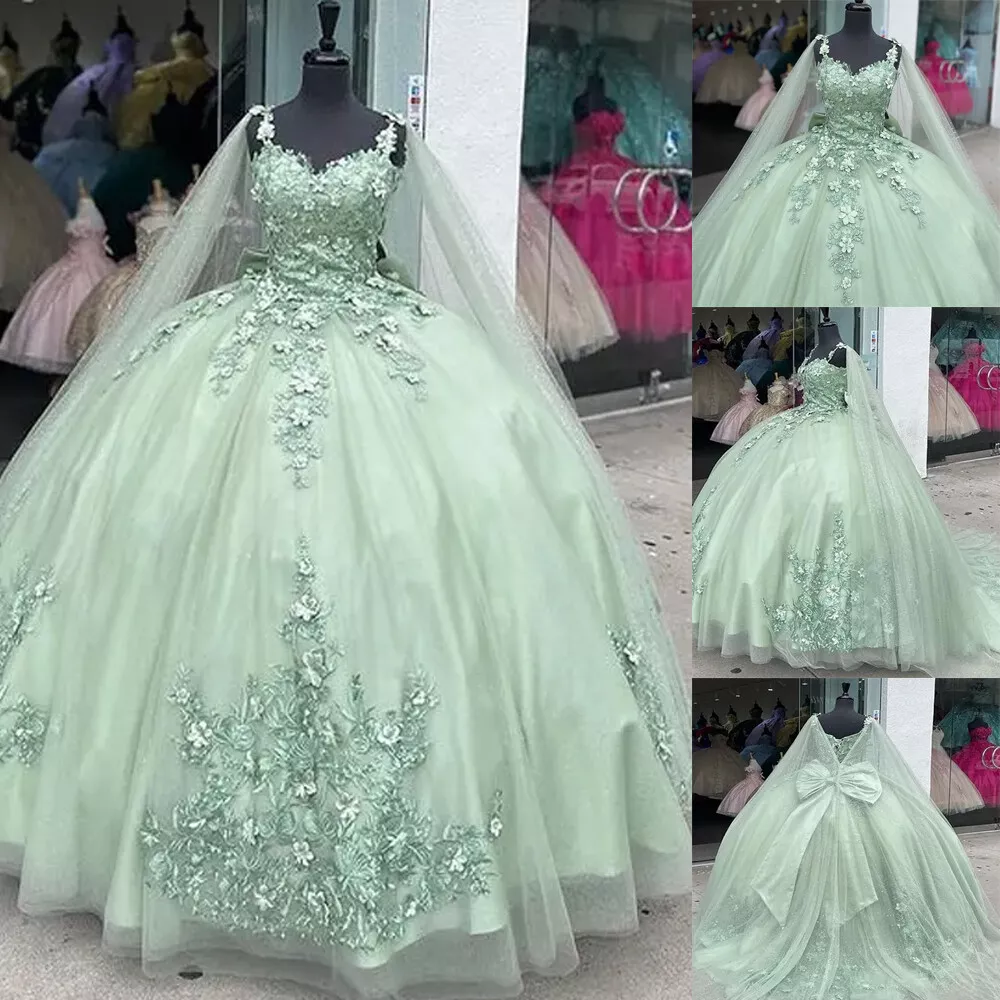 Sage Green Ball Gown with Appliques,Sweet 16 Dress,Quinceanera Dress Y2319