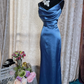 Classy Spaghetti Straps Blue Satin Long Wedding Guest Dress Formal Birthday Evening Dress SP1887