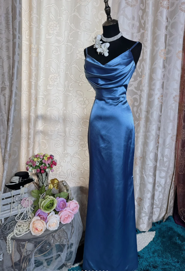 Classy Spaghetti Straps Blue Satin Long Wedding Guest Dress Formal Birthday Evening Dress SP1887