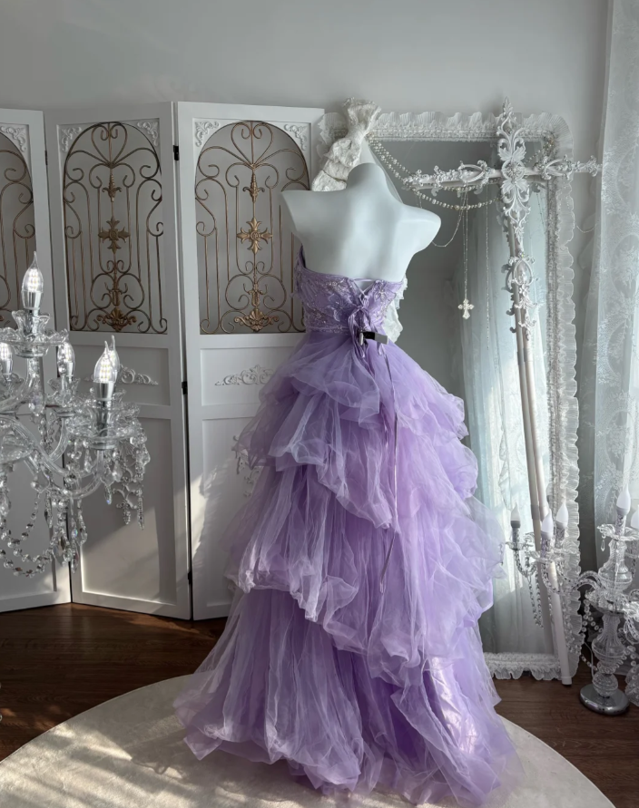Classy Strapless Lavender Sequin Tulle Layered Long Wedding Guest Dress ,Long Birthday Party Dress SP1453