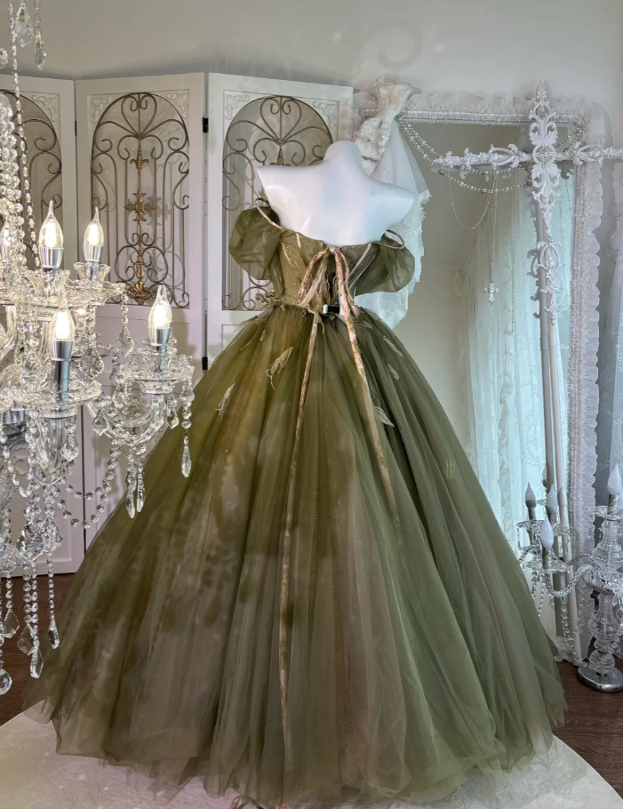 Gorgeous Olive Green Off The Shoulder Tulle Sequin Beaded Birthday Ball Gown Formal Quinceanera Dress SP1466