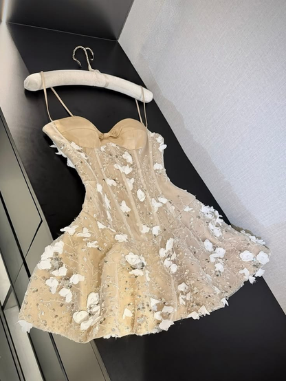 Elegant Spaghetti Straps Champagne Satin Short Graduation Homecoming Dress Cocktail Dress SP3619