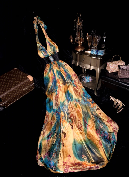 Vintage Halter Chiffon Print Floral Mermaid Long Prom Dress Evening Gown SP878