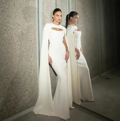 Elegant White Mermaid Straps Long Prom Dress Formal Evening Dress With Cape Y9315