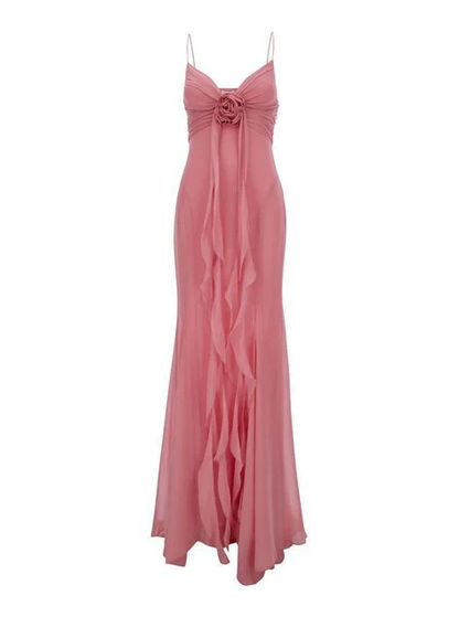 Vintage Mermaid Spaghetti Straps Pink Chiffon Prom Dress Evening Gown Y8494