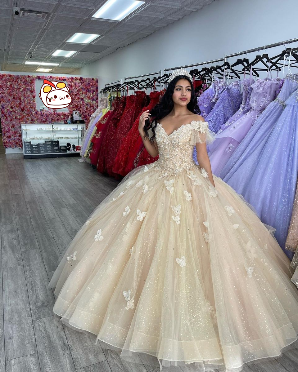 glitter butterfly dress GLS Collective GL3501 Floral Glitter 3-D Butterfly Applique Quinceanera Dress Lilac/Champagne / S