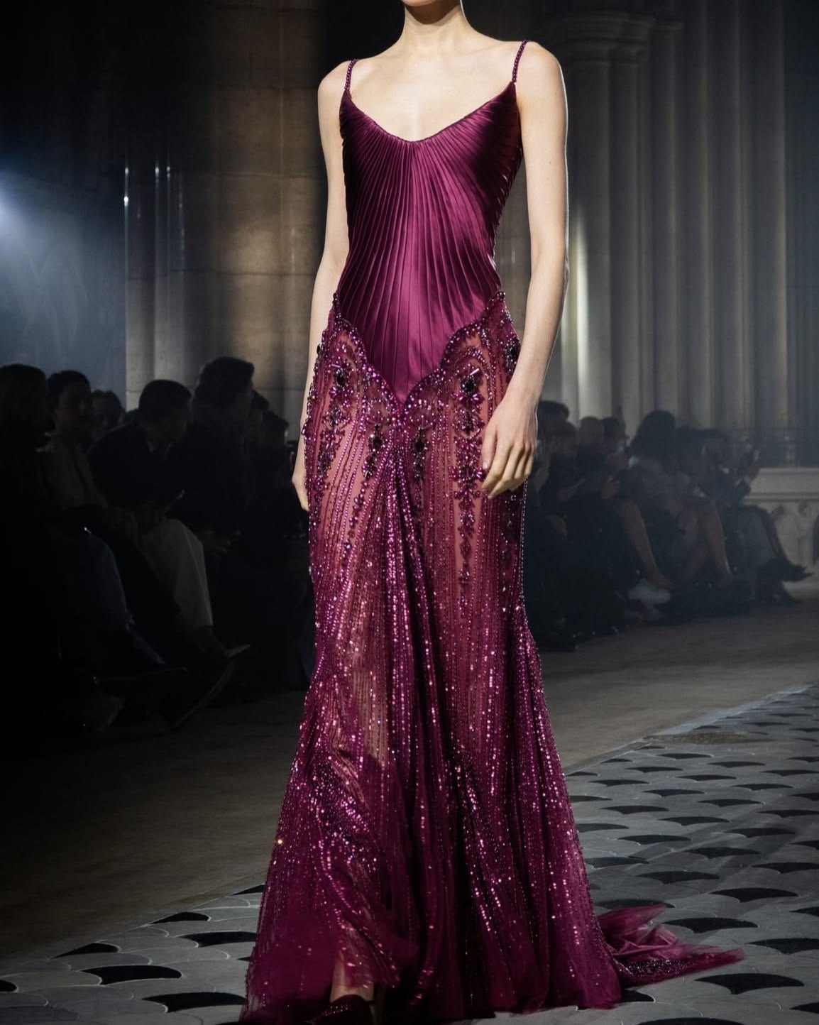 Unique Spaghetti Straps V Neck Satin Tulle Beaded Mermaid Prom Dress Dark Fuchsia Long Party Gowns SP2279