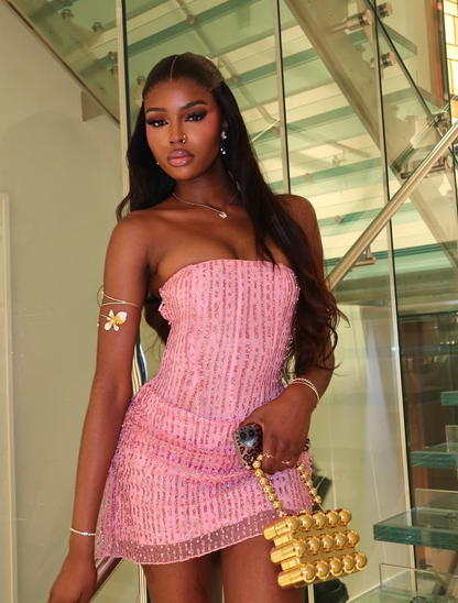 Shiny Pink Tulle Beaded Short Homecoming Dress,Strapless Short 18th Birthday Outfits SP2946