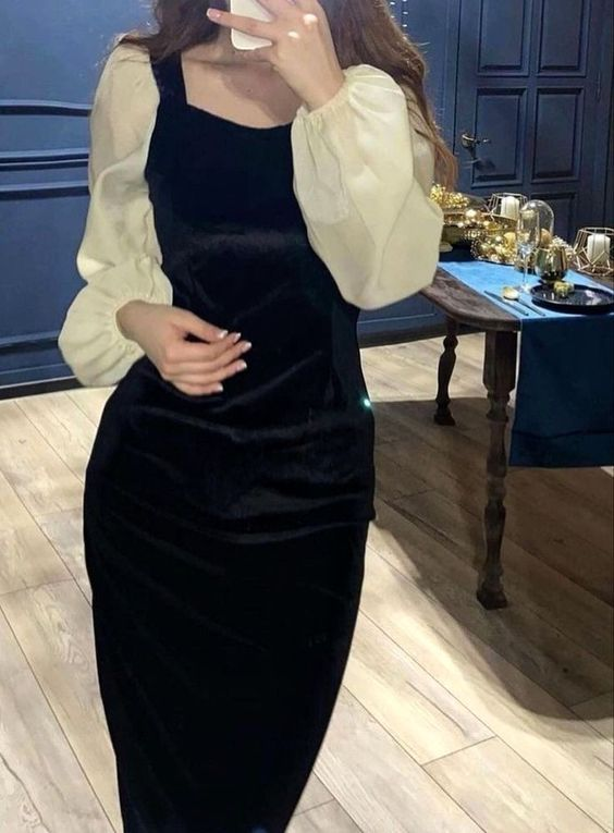 Winter V-Neck Elegant Black Stitching Velvet Dress Female Retro High Waist Puff Sleeves Evening Dress Y5673