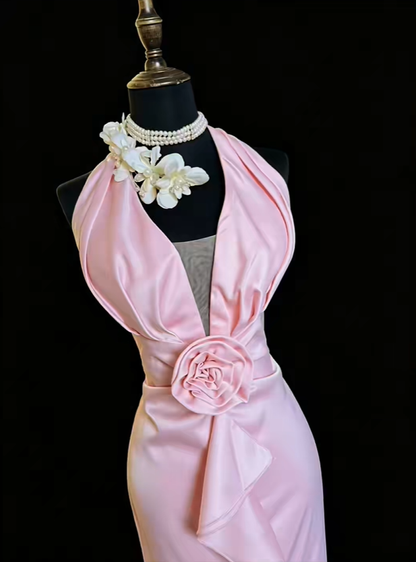 Pretty Pink Halter Satin Ruffles Mermaid Long Evening Dress Prom Gown SP2374