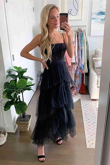 Spaghetti Straps Layered Tulle Graduation Dresses,Long Prom Dress Outfits Y6804
