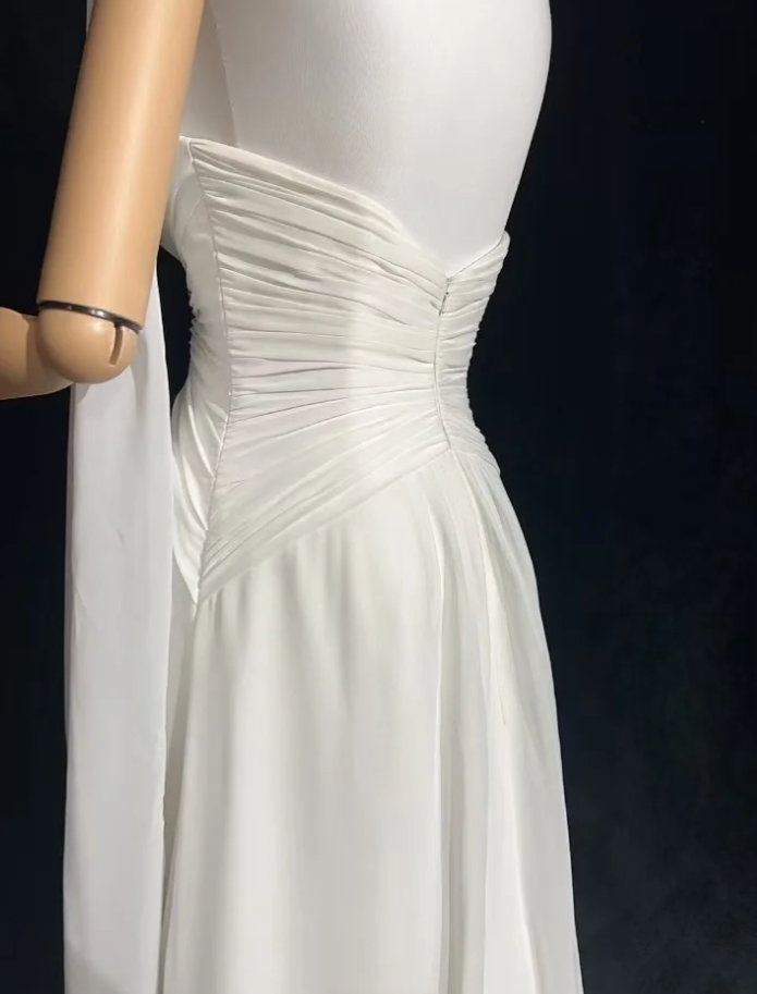 Classy Spaghetti Straps White Chiffon Beaded Mermaid Long Evening Dress Formal Birthday Prom Dresses With Cape SP1381