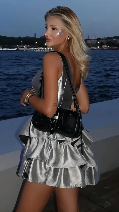 Fashion Silver Satin Layered A Line Short Graduation Homecoming Dress Birthday Dress Y9883