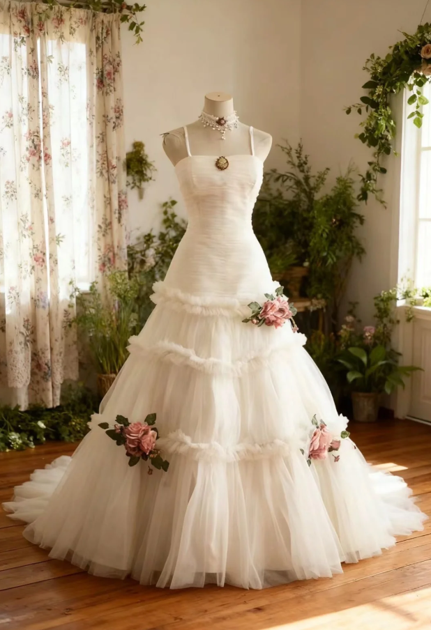 Pretty Spaghetti Straps White Tulle Long Wedding Dress With 3D Flowers SP751