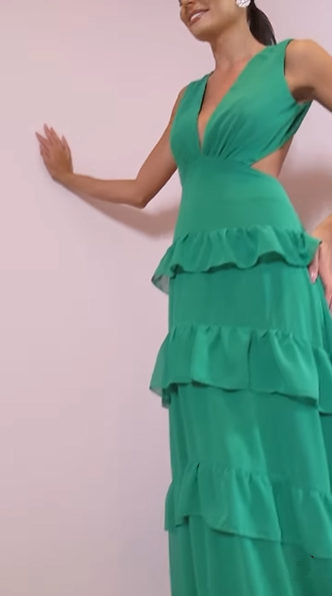 Emerald Green Deep V Neck Layered Ruffles Evening Dress,Backless Long Prom Dress Y8386