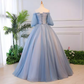 Unique blue tulle lace long prom dress, blue evening dress  S13770