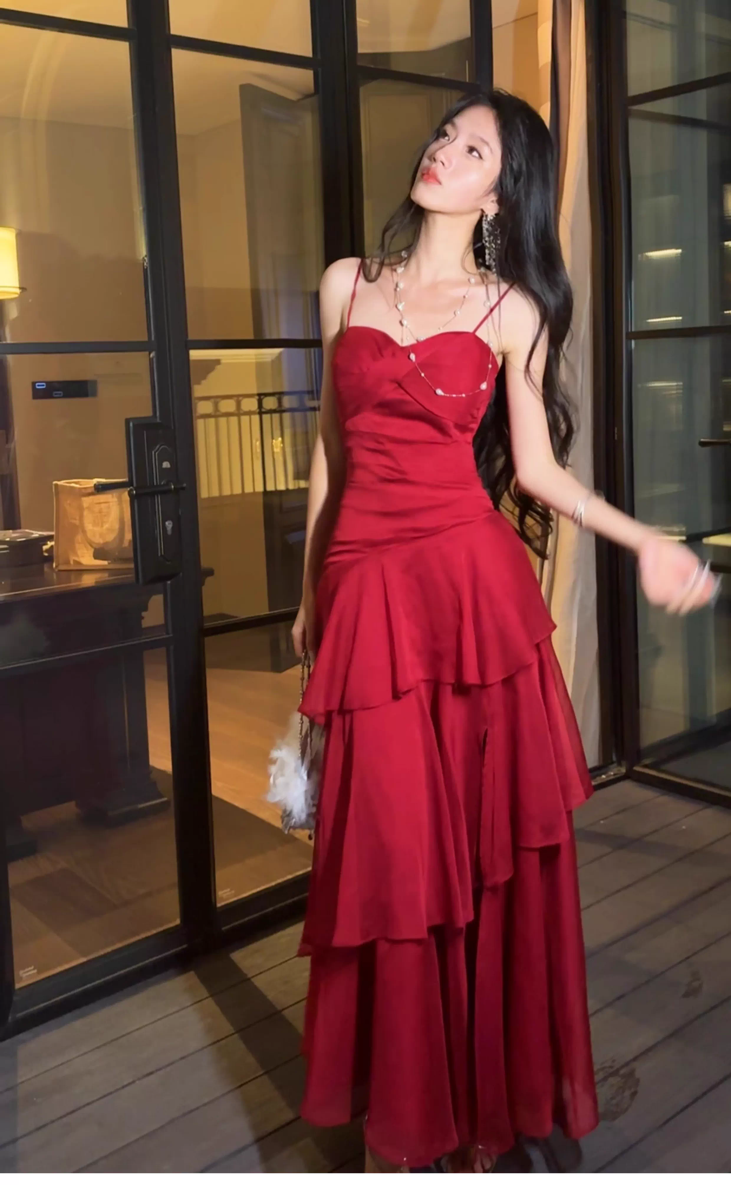 Sexy Spaghetti Straps Red Chiffon Ruffles Mermaid Long Party Dress Formal 20th Birthday Outfits SP1994
