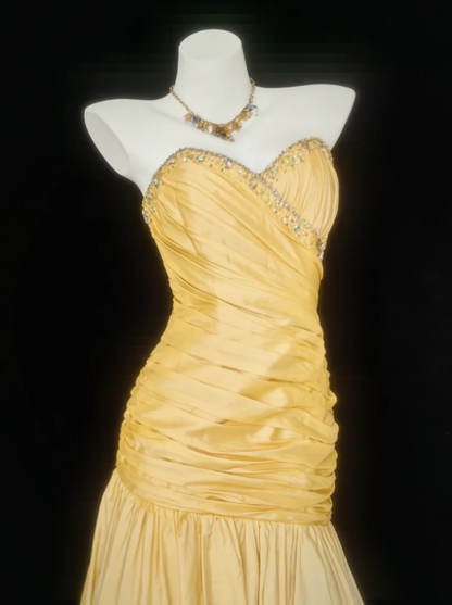 Fairy Yellow Strapless Satin Pleated Mermaid Long Party Dress Formal Wedding Guest Dress With Beads SP1639