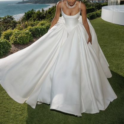 Classy Spaghetti Straps White Satin Long Wedding Dress SP1053