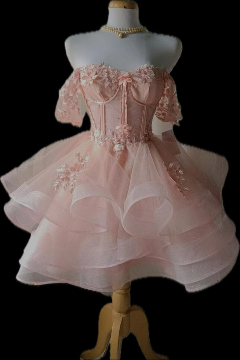 Elegant Off The Shoulder Pink Tulle Appliques A Line Short Homecoming Dress 19th Birthday Outfits Y9951