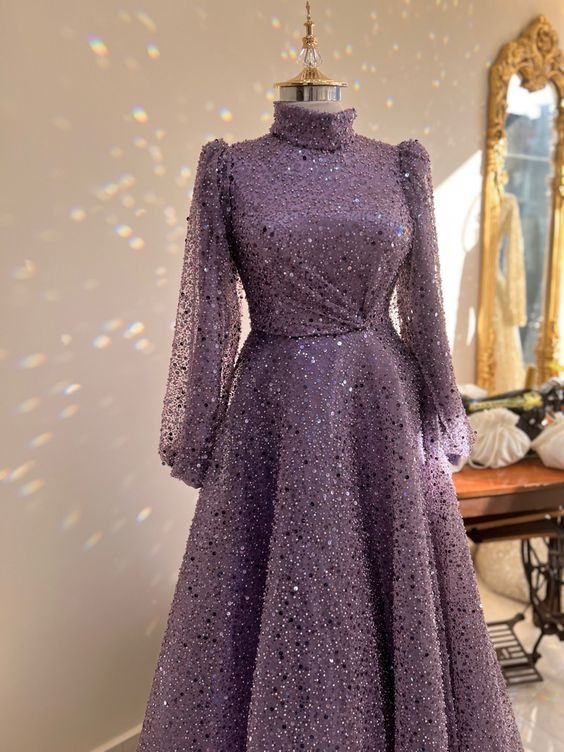 Luxurious Glitter A-line Long Sleeves Evening Dress Y5810