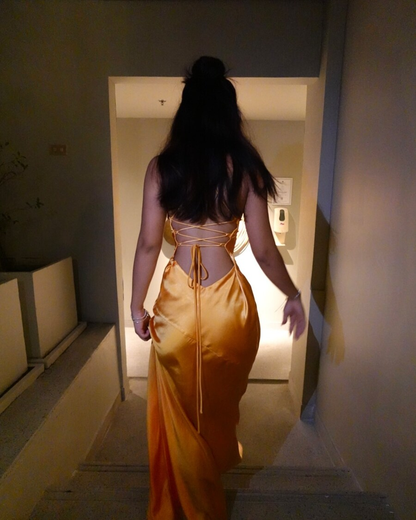 Simple Spaghetti Straps Orange A Line Satin prom Dress,Side Slit Party Evening Dress Y8547