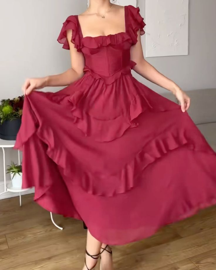 Elegant Lilac Square Chiffon Ruffled A Line Long Party Dress Birthday Dress SP2314