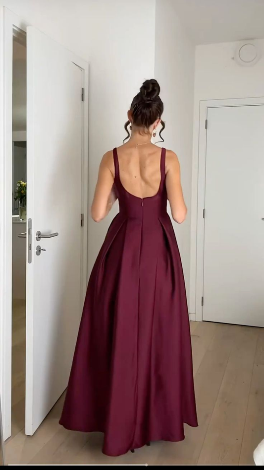 Elegant Spaghetti Straps Burgundy Satin A Line Long Party Dress Prom Gowns SP2205
