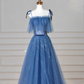 Pretty Blue Spaghetti Straps Tulle Sequins A Line Prom Dress Evening Dress Y8634