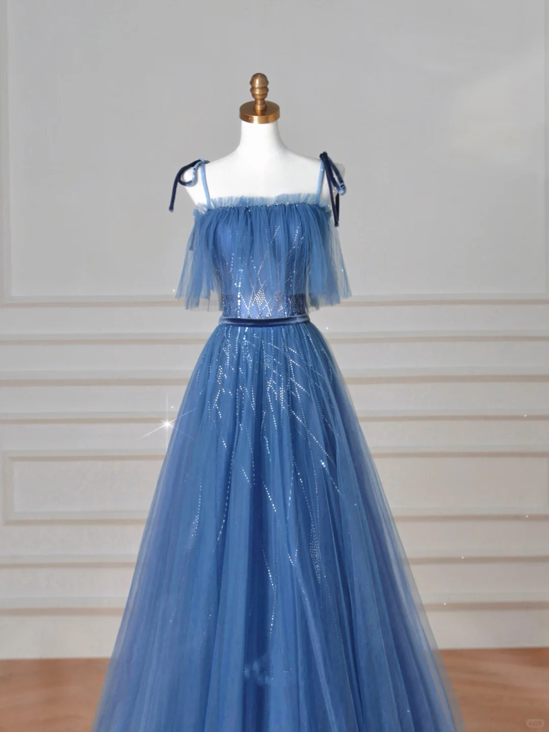 Pretty Blue Spaghetti Straps Tulle Sequins A Line Prom Dress Evening Dress Y8634