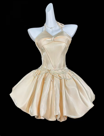 Cute Pink Halter Satin Tulle A Line Short Homecoming Dress Birthday Outfits SP3540