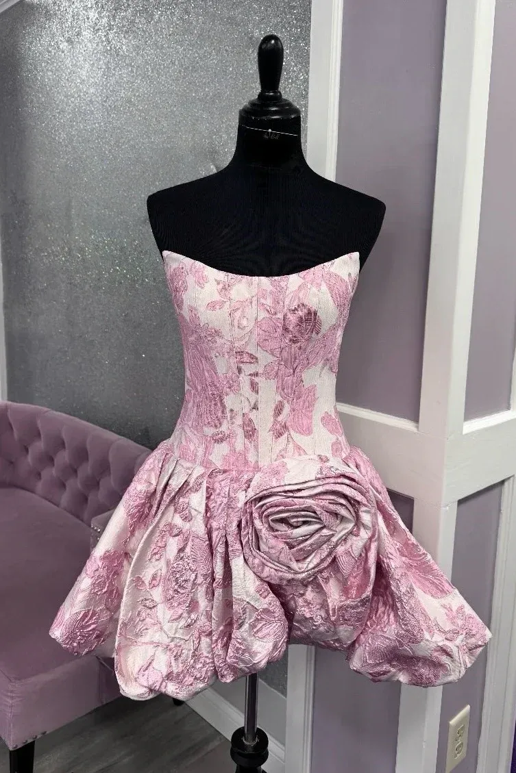 Glamorous Strapless A-Line Satin Floral Print Short Homecoming Dress Pink Short Prom Gown SP3608